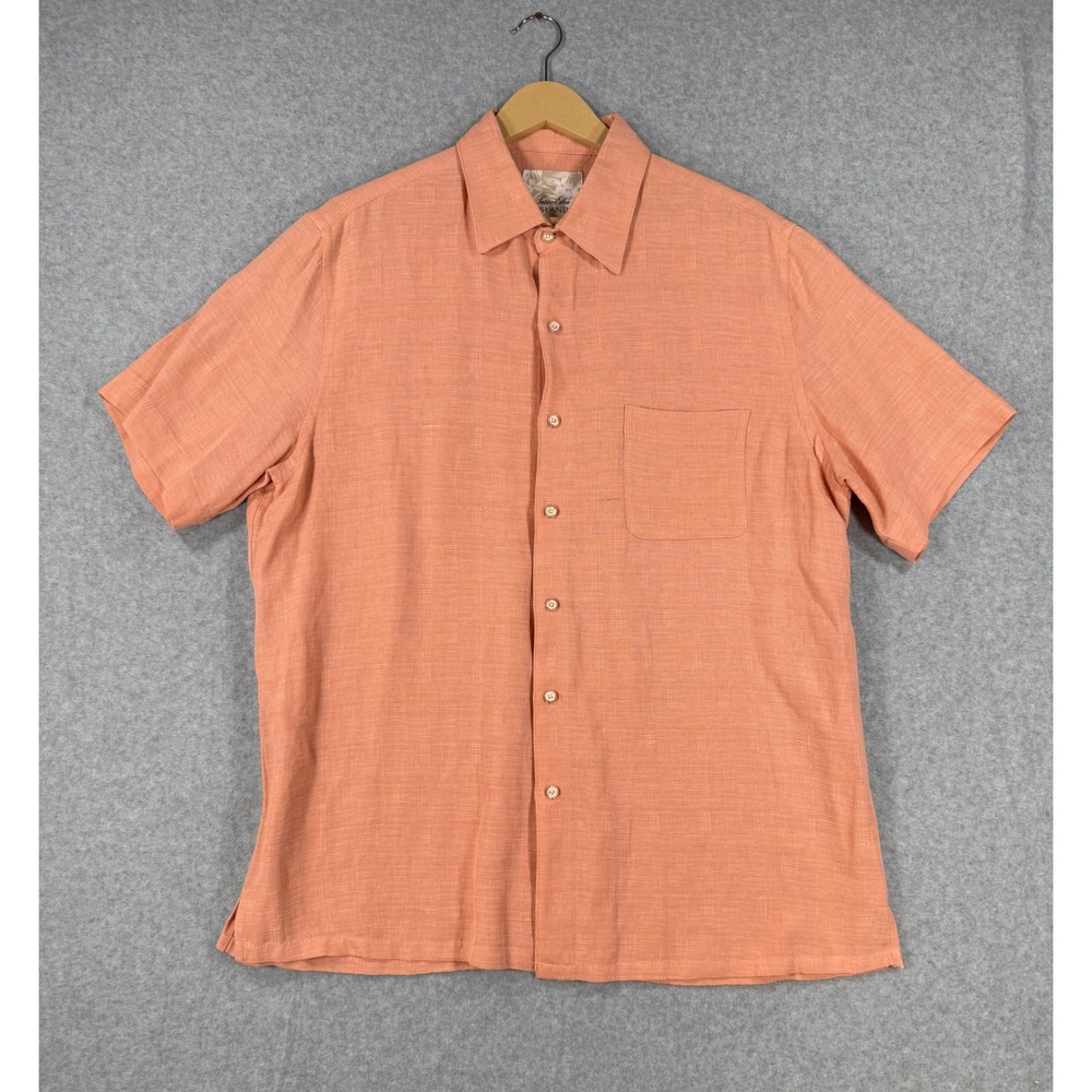 Tasso Elba Large Shirt Silk Linen Coral Peach Short Sleeve Button Up Slub